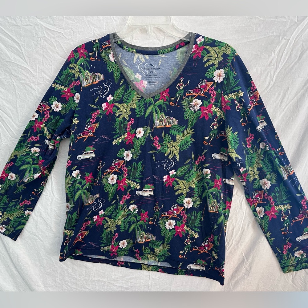 Tommy Bahama Holiday Tropical Print Sleep Top L Navy V Neck Long Sleeve